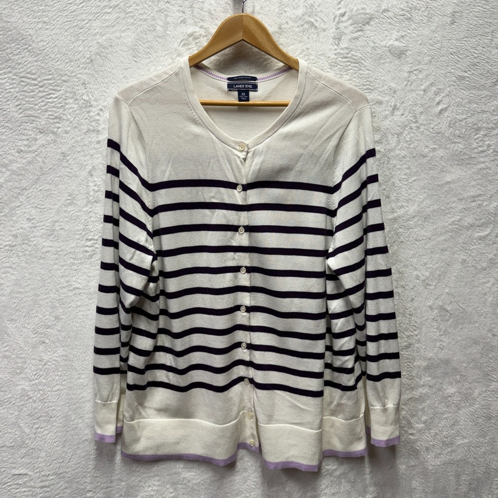 Lands' End Cardigan Sweater Womens 2X White Striped Supima Cotton Button Front